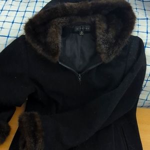 BRAETAN black wool, brown fur lined hood and fur cuffs.
